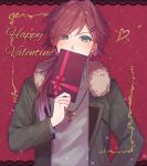  1boy box covered_mouth fur_trim gift green_eyes green_jacket grey_sweater hair_behind_ear happy_valentine head_tilt heart highres holding holding_box jacket jewelry key lauren_iroas looking_at_viewer male_focus necklace nijisanji poppoka red_hair smile solo sweater tied_hair virtual_youtuber 