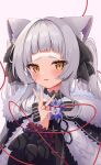  1girl absurdres animal_ear_fluff animal_ears bangs black_bow black_bowtie black_ribbon blush bow bowtie cat_ears frilled_sleeves frills fur_trim hair_ribbon hand_up highres hololive long_hair long_sleeves looking_at_viewer maikro murasaki_shion orange_eyes parted_lips ribbon short_eyebrows silver_hair simple_background solo string string_of_fate twintails upper_body virtual_youtuber white_background 