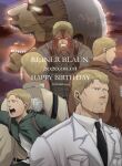  1boy age_progression armored_titan black_necktie brown_jacket bun_(bbb81bun) child english_text facial_hair frown goatee happy_birthday highres jacket leather male_focus marley_military_uniform necktie paradis_military_uniform pectorals reiner_braun shingeki_no_kyojin short_hair shouting spoilers 