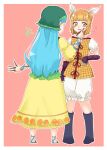  2girls absurdres apron arm_ribbon back bangs between_fingers black_footwear blue_footwear blue_hair blue_ribbon blush boots border bow brush double_bun dress eyebrows_visible_through_hair fingernails green_apron green_headwear green_scarf hair_ribbon hand_up haniwa_(statue) haniyasushin_keiki head_scarf highres joutouguu_mayumi leg_ribbon long_hair looking_to_the_side masayan20191208 multiple_girls musical_note open_mouth orange_hair pink_background pink_nails plaid plaid_dress puffy_short_sleeves puffy_sleeves red_bow red_ribbon ribbon sandals scarf shirt short_hair short_sleeves shorts simple_background standing touhou white_border white_ribbon white_shirt white_shorts yellow_dress yellow_eyes 