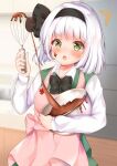  1girl apron arm_up bangs black_bow black_bowtie black_hairband blunt_bangs blurry blurry_background blush bob_cut bow bowl bowtie breasts chocolate chocolate_making chocolate_on_face collared_shirt commentary_request cowboy_shot food food_on_face green_eyes green_vest hairband holding holding_bowl kitchen konpaku_youmu long_sleeves looking_at_viewer medium_breasts mixer_(cooking) open_mouth pink_apron shirotsuki_shirone shirt short_hair silver_hair solo standing touhou v-shaped_eyebrows vest white_shirt wing_collar 