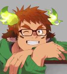  1boy animal_ears bespectacled brown_eyes brown_hair cow_boy cow_ears cow_horns crossed_arms dark-skinned_male dark_skin eye_black facial_hair fiery_horns forked_eyebrows glasses glowing_horns goatee green_hoodie grin highres hood hoodie horns male_focus one_eye_closed shirotoki_(qdng0atngbaqmce) short_hair smile solo spiked_hair teeth thick_eyebrows tokyo_afterschool_summoners wakan_tanka 