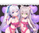  2girls :d animal_ear_fluff animal_ears balloon black_background blue_choker blue_eyes blue_hair bow breasts cat_ears choker cleavage collarbone grey_hair groin hair_ornament hairclip hand_up heart_balloon highres itoshino_tesla long_hair masquerade_channel medium_breasts multicolored_hair multiple_girls naked_ribbon navel nekoda_pepero out-of-frame_censoring pink_hair red_bow red_ribbon ribbon silver_hair small_breasts smile streaked_hair twintails two_side_up upper_body usashiro_mani very_long_hair virtual_youtuber x_hair_ornament 