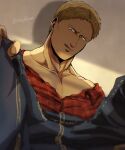  1boy :q bara bun_(bbb81bun) denim from_below jeans large_pectorals male_focus open_clothes open_shirt pants pectoral_cleavage pectorals red_shirt reiner_braun seductive_smile shingeki_no_kyojin shirt short_hair smile solo tongue tongue_out 