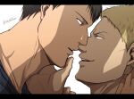  2boys bertolt_hoover bun_(bbb81bun) close-up couple eye_contact face finger_to_another&#039;s_mouth highres imminent_kiss looking_at_another male_focus multiple_boys reiner_braun shingeki_no_kyojin short_hair smirk toned toned_male yaoi 