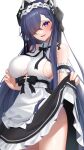  1girl absurdres apron august_von_parseval_(azur_lane) august_von_parseval_(the_conquered_unhulde)_(azur_lane) azur_lane bangs black_bow black_bowtie black_ribbon black_skirt blue_hair blush bow bowtie breasts clothes_lift commentary_request crossed_bangs frilled_apron frills hair_over_one_eye hair_ribbon highres horns large_breasts lifted_by_self long_hair looking_at_viewer mechanical_horns official_alternate_costume open_mouth purple_eyes ribbon seele0907 shirt sideboob simple_background skirt skirt_lift sleeveless sleeveless_shirt solo standing very_long_hair waist_apron white_apron white_shirt 