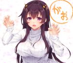  1girl alternate_breast_size black_hairband breasts brown_hair fake_horns fang hairband horns kantai_collection kisaragi_(kancolle) large_breasts long_hair long_sleeves official_alternate_costume open_mouth purple_eyes sidelocks solo sweater upper_body white_sweater yayoi_and_nagi 