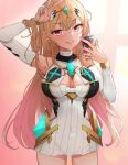  1girl bangs bare_shoulders blonde_hair breasts chest_jewel cleavage cleavage_cutout clothing_cutout cosplay dress earrings elbow_gloves gloves highres jewelry kiiro_kimi kitagawa_marin long_hair medium_breasts mythra_(xenoblade) mythra_(xenoblade)_(cosplay) short_dress solo sono_bisque_doll_wa_koi_wo_suru swept_bangs tiara very_long_hair white_dress white_gloves xenoblade_chronicles_(series) xenoblade_chronicles_2 