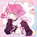  1boy androgynous black_shirt blue_eyes bow cat character_name choker dear_vocalist food hair_ornament hairclip head_rest highres idol jeje_(pixiv60670177) jewelry long_sleeves looking_at_viewer male_focus nail_polish pink_hair re-o-do ribbon ring shirt solo strawberry_shortcake 