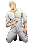  1boy bara bun_(bbb81bun) facial_hair goatee highres kneeling male_focus muscular muscular_male older pants pectorals reiner_braun shingeki_no_kyojin shirt short_hair solo white_pants white_shirt 