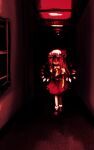  1girl bangs commentary_request crystal flandre_scarlet fua_yuu full_body hair_between_eyes hallway hat hat_ribbon highres horror_(theme) long_hair looking_at_viewer mob_cap monochrome one_side_up red_theme ribbon shirt shoes short_sleeves skirt socks solo touhou wings 