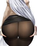  1girl ass ass_focus ass_grab azur_lane belfast_(azur_lane) belfast_(shopping_with_the_head_maid)_(azur_lane) black_skirt brown_legwear brown_sweater chinese_commentary crotch_seam from_behind grabbing_own_ass highres long_hair lower_body miniskirt off-shoulder_sweater off_shoulder official_alternate_costume pantyhose pencil_skirt sana!rpg silver_hair simple_background skirt solo sweater thigh_gap thighband_pantyhose very_long_hair white_background 