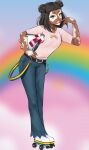  1girl absurdres belt brown_eyes brown_hair double_bun ehebai fortnite highres joy_(fortnite) rainbow roller_skates scarf skates solo stuffed_animal stuffed_penguin stuffed_toy suspenders tagme vitiligo 