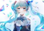  1girl bangs blue_eyes blue_hair blue_necktie blurry blurry_foreground blush closed_mouth collared_shirt commentary copyright_name depth_of_field detached_sleeves eyebrows_visible_through_hair gem grey_shirt hair_ornament hand_up hatsune_miku headset long_hair looking_at_viewer namamake necktie shirt smile solo twintails upper_body vocaloid wide_sleeves 