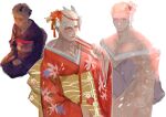  1boy alternate_costume blush child costume_request crossdressing flower hair_flower hair_ornament highres japanese_clothes kimono kyojinjoa male_focus mask mask_on_head pectoral_cleavage pectorals print_kimono red_kimono reiner_braun seiza shingeki_no_kyojin short_hair sitting upper_body 