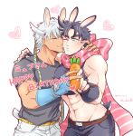  2boys abs alternate_skin_color animal_ears battle_tendency black_hair blush bow brown_hair caesar_anthonio_zeppeli carrot crop_top ear_pull facial_mark feather_hair_ornament feathers fingerless_gloves gloves green_eyes hair_ornament headband jojo_no_kimyou_na_bouken joseph_joestar joseph_joestar_(young) kemonomimi_mode male_focus micken multicolored_clothes multicolored_scarf multiple_boys one_eye_closed pink_scarf rabbit_ears rabbit_tail red_scarf scarf scarf_bow striped striped_scarf tail tan vertical-striped_scarf vertical_stripes white_hair wing_hair_ornament 