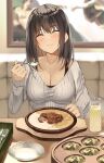  1girl blurry blurry_background blush bra_strap breasts brown_hair cleavage closed_eyes closed_mouth collarbone cup drinking_glass eyebrows_visible_through_hair food hair_between_eyes head_tilt highres kureha_(ironika) large_breasts long_hair long_sleeves original painting_(object) ribbed_sweater scoop_neck sitting smile solo spoon sports_bra sweater the_creation_of_adam tsubasa_(kureha) upper_body 