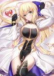  1girl ahoge artoria_pendragon_(caster)_(fate) artoria_pendragon_(fate) bangs black_gloves blonde_hair blue_ribbon blush breasts capelet cleavage cleavage_cutout clothing_cutout dress facial_mark fate/grand_order fate_(series) forehead_mark fur-trimmed_capelet fur_trim gloves green_eyes hair_ribbon highres long_hair long_sleeves looking_at_viewer lying medium_breasts neko_daruma on_back ribbon smile solo thighs twintails white_capelet white_dress 