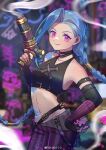  1girl arcane:_league_of_legends arcane_jinx artist_name asymmetrical_bangs bangs bare_shoulders blue_hair blurry blurry_background blush braid breasts closed_mouth cloud_tattoo collarbone fingerless_gloves gloves gun han-10 hand_up highres holding holding_gun holding_weapon jinx_(league_of_legends) league_of_legends long_hair looking_at_viewer navel pants pink_eyes shoulder_tattoo smile solo striped striped_pants tattoo twin_braids weapon 