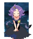  1girl :3 ^_^ acerola_(pokemon) armlet bangs black_dress blue_background blush border child closed_eyes closed_mouth collarbone commentary_request denseitsunosupernanashi dress eyebrows_visible_through_hair facing_viewer flat_chest hair_ornament leaning_forward light_blush outside_border own_hands_together pokemon pokemon_(game) pokemon_sm purple_hair shiny shiny_hair short_hair short_sleeves sidelocks smile solo standing straight-on v_arms white_border 