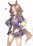 1girl animal_ears black_shorts brown_hair chongmoyu_loligogh commentary_request crop_top cutoffs feet_out_of_frame grey_eyes highres horse_ears jacket long_hair long_sleeves looking_at_viewer midriff open_clothes open_jacket purple_jacket short_shorts shorts simple_background solo standing tail thighs umamusume vodka_(umamusume) white_background 