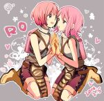  2girls :3 armor backpack bag bangs boots breastplate brown_footwear brown_gloves brown_shorts commentary_request full_body gloves grey_background iko_831 looking_at_another multiple_girls novice_(ragnarok_online) open_mouth palms_together pink_bag pink_eyes pink_hair poring ragnarok_online seiza short_hair shorts sitting sleeveless smile 