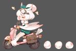  1girl animal_ears animal_hands bird_ears bird_legs bug butterfly chibi closed_eyes driving egg feathered_wings feathers goggles goggles_on_head grey_background ground_vehicle harpy kyuri_tizu lowres medium_hair monster_girl moped motor_vehicle original smile solo talons white_hair white_wings winged_arms wings 