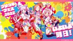  3girls animal_hood braid closed_eyes cygames elf highres hood jumping kyouka_(princess_connect!) mimi_(princess_connect!) misogi_(princess_connect!) multicolored_background multiple_girls official_art open_clothes orange_hair pants pink_hair pointy_ears princess_connect! purple_hair shoes shorts side_ponytail skirt twintails wristband 