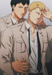  2boys alternate_facial_hair alternate_universe bertolt_hoover black_necktie bun_(bbb81bun) collared_shirt couple facial_hair goatee highres male_focus marley_military_uniform multiple_boys necktie older partially_unbuttoned pectoral_cleavage pectorals reiner_braun shingeki_no_kyojin shirt short_hair stubble toned toned_male undone_necktie upper_body yaoi 