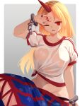  1girl akaiha_(akaihasugk) black_panties blonde_hair blue_skirt border chain commission cuffs dress highres horns hoshiguma_yuugi long_hair midriff navel one_eye_closed oni open_mouth panties pointy_ears red_eyes red_horns red_nails see-through shackles shirt single_horn skeb_commission skirt striped striped_dress tied_shirt touhou underwear wet wet_clothes white_border white_shirt 