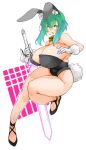  1girl animal_ears breasts detached_collar fake_animal_ears green_hair highres holding holding_weapon huge_breasts leotard original playboy_bunny rabbit_ears sachito simple_background solo strapless strapless_leotard sword thick_thighs thighs weapon white_background yellow_eyes 