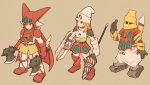  1boy 2girls axe beanie belt black_belt black_hair black_mage blonde_hair caterpillar_tracks drill dual_wielding final_fantasy final_fantasy_tactics fusion getter-1 getter-2 getter-3 getter_robo getter_robo_(1st_series) gloves hat helmet holding holding_axe holding_polearm holding_shield holding_weapon lance mecha_musume multiple_girls open_hand pants parody personification polearm red_eyes red_gloves red_skirt scarf shield skirt spikes style_parody weapon white_gloves white_pants wu_niang yellow_eyes yellow_headwear yellow_scarf yellow_skirt yoshida_akihiko_(style) 