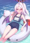  1girl absurdres ahoge annoyed bare_legs blue_archive breasts closed_mouth demon_wings feet_out_of_frame gyubu hair_ornament hairclip halo highres hina_(blue_archive) holding holding_whistle innertube long_hair looking_at_viewer one_side_up purple_eyes purple_hair purple_wings school_swimsuit small_breasts solo sparkle swimsuit very_long_hair water water_drop wet whistle whistle_around_neck wings 