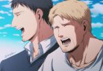  2boys ^_^ alternate_facial_hair alternate_universe bertolt_hoover bun_(bbb81bun) close-up closed_eyes face facial_hair goatee happy highres male_focus multiple_boys older reiner_braun shingeki_no_kyojin shirt short_hair smile stubble upper_body white_shirt 