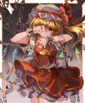 1girl 2020 absurdres arms_up artist_name ascot back_bow bandages bangs belt blonde_hair border bow breasts brown_belt buttons chain closed_mouth collared_shirt crystal english_commentary eyebrows_visible_through_hair eyes_visible_through_hair fang fingernails flandre_scarlet frills gradient gradient_background grey_background grey_bow grey_headwear hair_between_eyes hands_up hat hat_ribbon highres jewelry long_fingernails looking_at_viewer medium_breasts mob_cap multicolored_wings one_side_up orange_skirt orange_vest puffy_short_sleeves puffy_sleeves red_eyes red_nails red_ribbon ribbon shirt short_hair short_sleeves skirt smile solo standing top-exerou touhou vest white_border white_shirt wings wrist_cuffs wristband yellow_ascot 