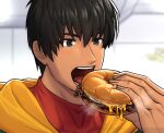  1boy arash_(fate) arima_(arima_bn) bagel black_eyes black_hair blush bodysuit dark-skinned_male dark_skin fate/grand_order fate_(series) food food_focus male_focus open_mouth red_bodysuit short_hair solo tongue 