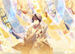  1boy antlers arrow_(projectile) axis_powers_hetalia black_hair blunt_ends commentary_request highres hizuki_miya holding holding_arrow japan_(hetalia) japanese_clothes kimono lantern light_smile looking_at_viewer male_focus outdoors purple_eyes short_hair solo tagme tanzaku upper_body white_kimono yellow_theme yukata 