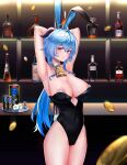  1girl ahoge alcohol animal_ears areola_slip areolae armpits arms_behind_head arms_up ass bar bare_arms bare_legs black_leotard black_power-98-1-15 blue_hair breasts closed_mouth coin covered_navel detached_collar fake_animal_ears flower ganyu_(genshin_impact) genshin_impact goat_horns hair_between_eyes horns large_breasts leotard long_hair looking_at_viewer neckbell playboy_bunny purple_eyes rabbit_ears rabbit_tail sidelocks solo standing tail white_flower 