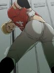  1boy ass ass_focus bara bun_(bbb81bun) clothes_lift eye_black feet_out_of_frame from_behind highres locker locker_room male_focus mouth_hold muscular muscular_male pants pectorals reiner_braun rugby_uniform shingeki_no_kyojin shirt_lift short_hair solo sportswear tight tight_pants undressing white_pants 