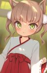  1girl :t animal_ear_fluff animal_ears bangs blush bow brown_hair closed_mouth commentary_request eyebrows_visible_through_hair green_eyes hakama hakama_skirt highres japanese_clothes kimono long_sleeves looking_at_viewer original pout red_bow red_hakama ribbon-trimmed_sleeves ribbon_trim skirt sleeves_past_wrists solo tsumiki_akeno twintails v-shaped_eyebrows white_kimono wide_sleeves 