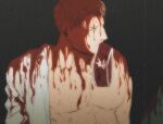  1boy armband bara bare_pectorals blood blood_on_clothes blood_on_face bun_(bbb81bun) looking_to_the_side male_focus mouth_hold muscular muscular_male nipples nosebleed open_clothes open_shirt pectoral_focus pectorals reiner_braun shingeki_no_kyojin shirt short_hair solo upper_body wet wet_clothes wet_shirt 