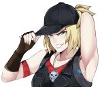  1girl armband armpit_crease black_jacket blonde_hair ehebai fortnite gloves hat highres jacket ponytail red_shirt shirt skull skull_necklace solo sparkplug_(fortnite) tagme 