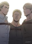  3boys alternate_pectoral_size bara bun_(bbb81bun) chest_belt collarbone covered_abs erwin_smith facial_hair from_below frown goatee green_shirt highres looking_at_viewer male_focus mature_male mike_zakarius multiple_boys muscular muscular_male pectoral_cleavage pectoral_focus pectoral_squeeze pectorals reiner_braun shingeki_no_kyojin shirt short_hair stubble undercut 