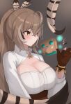  1girl :o ahoge bag blush breasts brown_eyes brown_gloves brown_hair cleavage clothing_cutout dress_shirt facing_to_the_side feather_hair_ornament feathers friend_(nanashi_mumei) from_side gloves gradient gradient_background hair_between_eyes hair_ornament highres holocouncil hololive hololive_english large_breasts long_hair long_sleeves looking_at_object nanashi_mumei open_hand paper_bag partially_fingerless_gloves ponytail puckered_lips runes shirt skyhood tsurime underbust upper_body very_long_hair virtual_youtuber white_shirt 