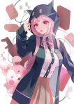  1girl :o absurdres animal_ears bangs black_shirt blush collared_shirt danganronpa_(series) danganronpa_2:_goodbye_despair dress_shirt ear_bow eyebrows_visible_through_hair fake_animal_ears fangs flipped_hair hair_ornament hand_up highres hood jacket long_sleeves medium_hair monomi_(danganronpa) nanami_chiaki neck_ribbon open_mouth pink_eyes pleated_skirt ribbon shirt skirt teeth uminekohigurasinonakukoroni upper_teeth white_shirt 