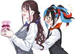  2girls @_@ bangs black_hair black_vest blue_hair blush breasts brown_hair closed_eyes collared_shirt dress_shirt eyebrows_visible_through_hair fate/grand_order fate_(series) glasses grey_vest highres large_breasts long_hair long_sleeves looking_at_viewer multicolored_hair multiple_girls murasaki_shikibu_(fate) murasaki_shikibu_(good_job!)_(fate) nakuta open_mouth purple_eyes red_hair sei_shounagon_(fate) sei_shounagon_(good_job!)_(fate) shirt smile sweatdrop twintails very_long_hair vest white_shirt 