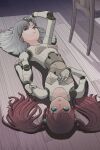  2girls absurdres adjusting_hair android bangs blue_eyes brown_hair chair closed_mouth commentary_request conjoined eyebrows_visible_through_hair grey_hair highres joints long_hair looking_at_viewer lying multiple_girls on_back on_ground open_mouth original red_eyes robot_joints sukabu twintails wooden_floor 