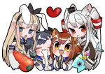  4girls :&lt; :3 amatsukaze_(kancolle) anchor_hair_ornament animal_ear_fluff animal_ears animal_hands bangs black_hair blonde_hair blue_eyes blue_sailor_collar blush bone brown_hair carrot cat_ears closed_mouth dress elbow_gloves fish gloves hair_ornament hair_tubes heart hime_kake holding kantai_collection long_hair long_sleeves multiple_girls neckerchief open_mouth orange_eyes paw_gloves rabbit_ears red_eyes sailor_collar sailor_dress seed shimakaze_(kancolle) short_hair silver_hair simple_background sleeveless sunflower_seed tokitsukaze_(kancolle) two_side_up white_background white_sailor_collar yukikaze_(kancolle) 