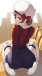  1girl absurdres ass back bright_pupils brown_eyes brown_hair feet from_above from_behind full_body hat highres hyouta_(yoneya) indoors looking_at_viewer looking_back lyra_(pokemon) narrow_waist over-kneehighs overall_shorts overalls pokemon pokemon_(game) pokemon_hgss red_shirt shirt sitting soles solo thighhighs upturned_eyes wariza white_legwear wide_hips wooden_floor 