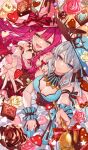  2girls bangs bare_shoulders black_bow blue_eyes blush bow braid breasts cleavage dress earrings eyebrows_visible_through_hair fairy_knight_tristan_(fate) fairy_knight_tristan_(valentine_witches)_(fate) fate/grand_order fate_(series) french_braid grey_eyes grey_hair hair_bow hanagata hat jewelry large_breasts long_hair looking_at_viewer morgan_le_fay_(fate) morgan_le_fay_(valentine_witches)_(fate) multiple_girls official_art open_mouth pink_hair pointy_ears ponytail sidelocks smile tiara very_long_hair witch_hat 